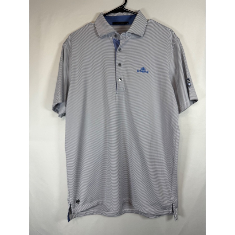 Greyson Mens Striped Golf Polo Shirt Grey Blue Performance Short Sleeve Size M